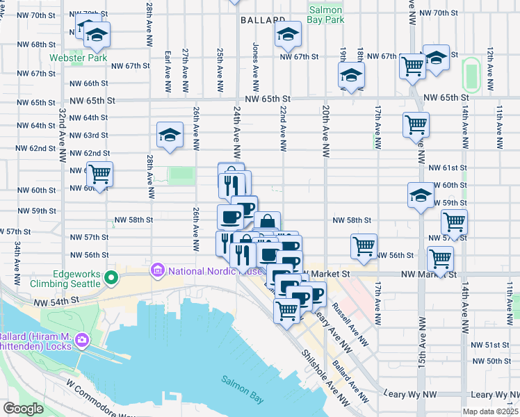 map of restaurants, bars, coffee shops, grocery stores, and more near 2237 Northwest 59th Street in Seattle