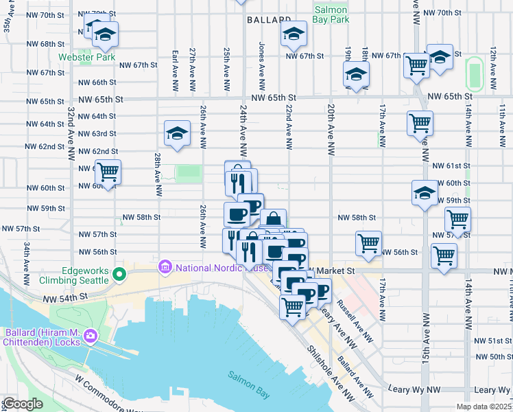 map of restaurants, bars, coffee shops, grocery stores, and more near 2237 Northwest 59th Street in Seattle