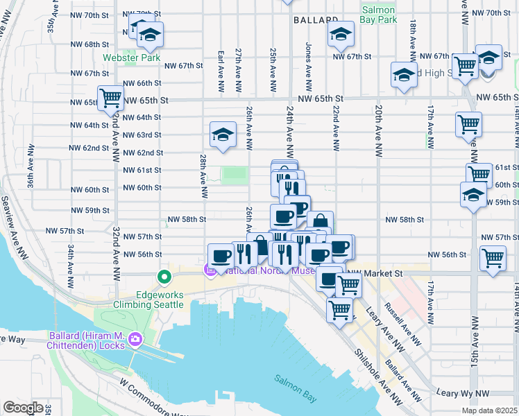 map of restaurants, bars, coffee shops, grocery stores, and more near 2443 Northwest 59th Street in Seattle