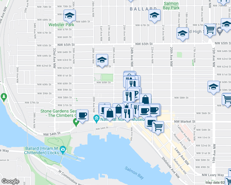 map of restaurants, bars, coffee shops, grocery stores, and more near 2443 Northwest 59th Street in Seattle