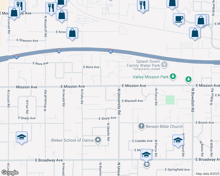 map of restaurants, bars, coffee shops, grocery stores, and more near 10526 East Mission Avenue in Spokane Valley