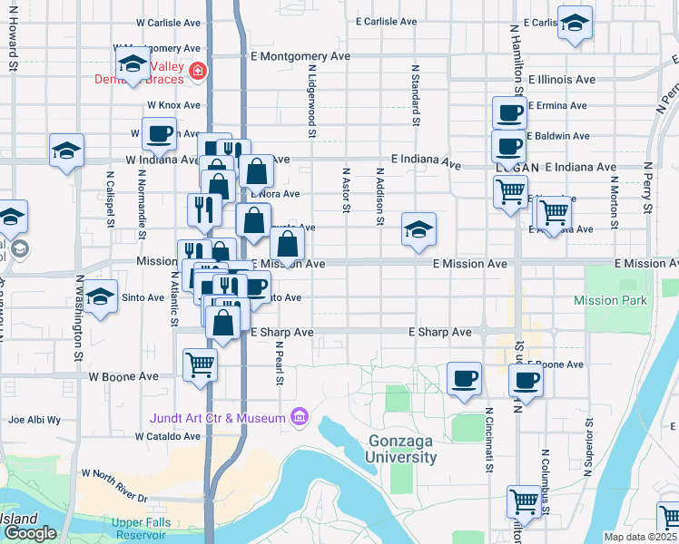 map of restaurants, bars, coffee shops, grocery stores, and more near 328 East Mission Avenue in Spokane
