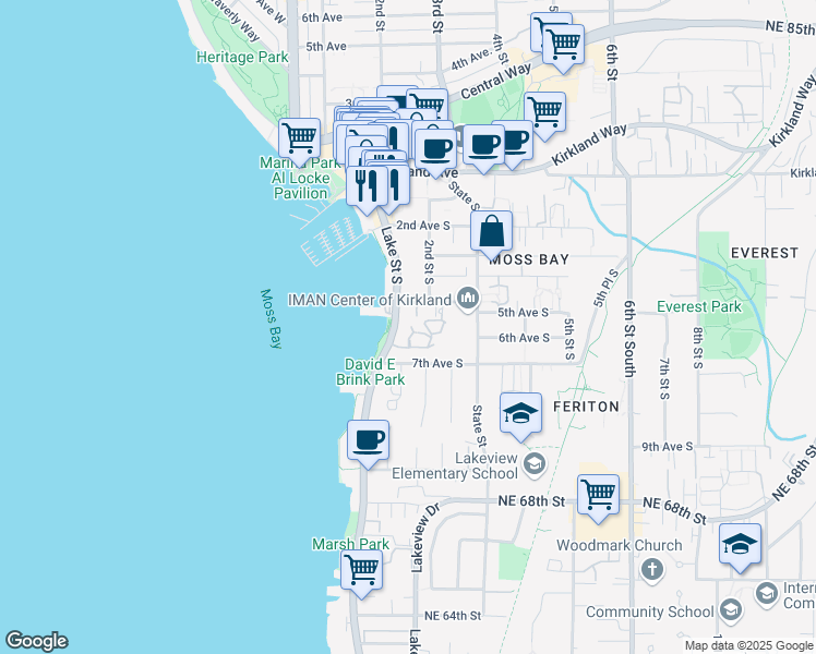 map of restaurants, bars, coffee shops, grocery stores, and more near 510 Lake Street South in Kirkland