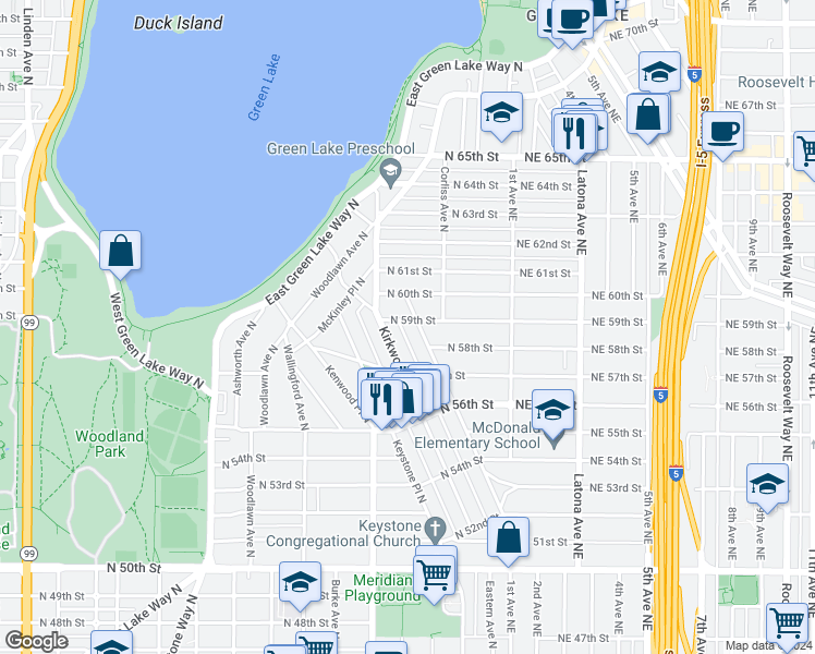 map of restaurants, bars, coffee shops, grocery stores, and more near 2119 North 59th Street in Seattle