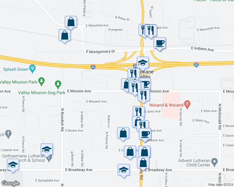 map of restaurants, bars, coffee shops, grocery stores, and more near 12012 East Mission Avenue in Spokane Valley