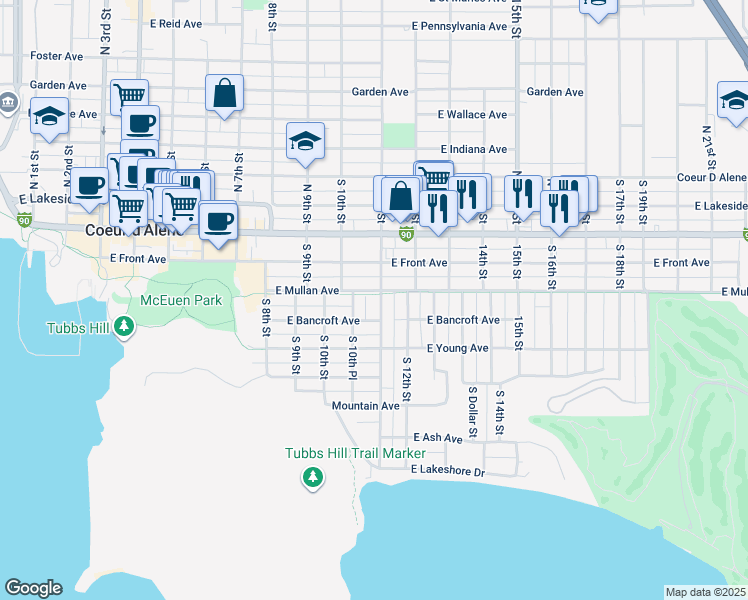 map of restaurants, bars, coffee shops, grocery stores, and more near 305 South 11th Street in Coeur d'Alene