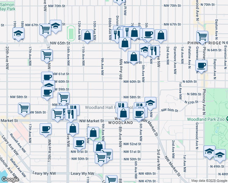 map of restaurants, bars, coffee shops, grocery stores, and more near 815 Northwest 59th Street in Seattle