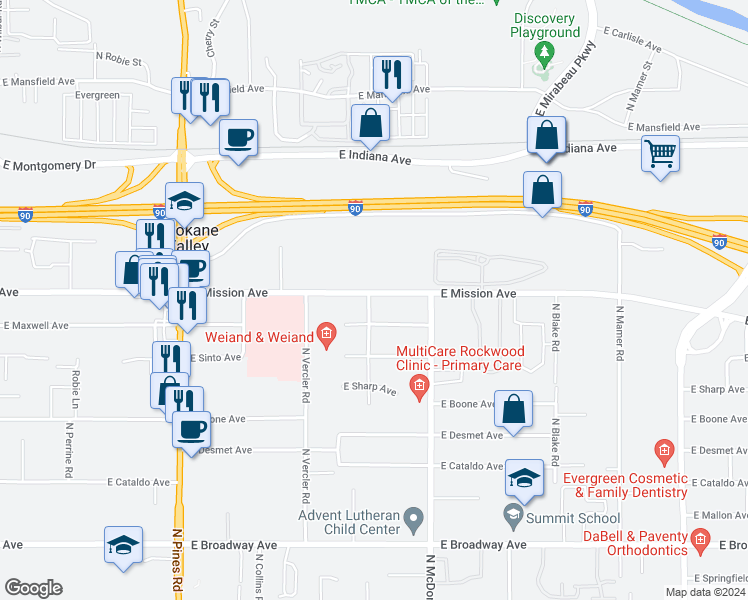 map of restaurants, bars, coffee shops, grocery stores, and more near 12904 East Mission Avenue in Spokane Valley