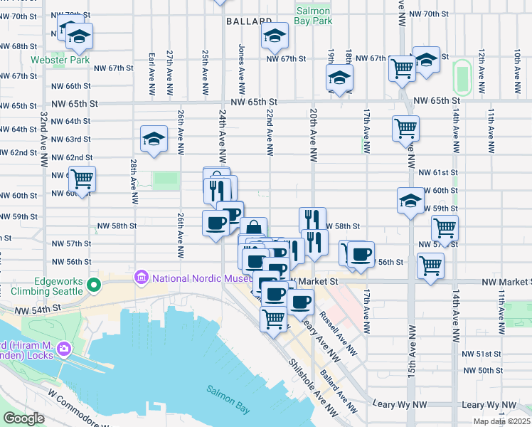 map of restaurants, bars, coffee shops, grocery stores, and more near 2203 Northwest 59th Street in Seattle