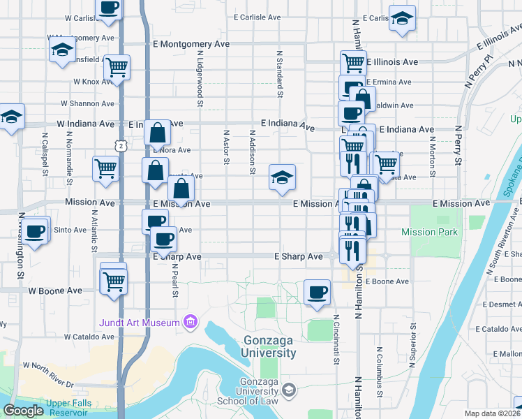 map of restaurants, bars, coffee shops, grocery stores, and more near 518 East Mission Avenue in Spokane