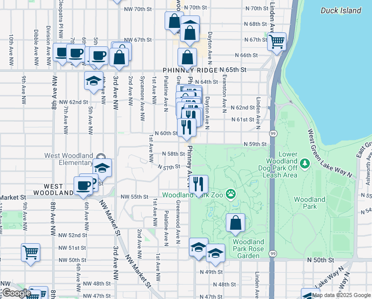 map of restaurants, bars, coffee shops, grocery stores, and more near 5801 Phinney Avenue North in Seattle