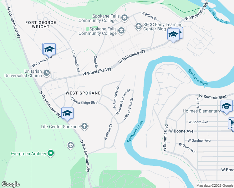 map of restaurants, bars, coffee shops, grocery stores, and more near 1512 N Rim View St in Spokane
