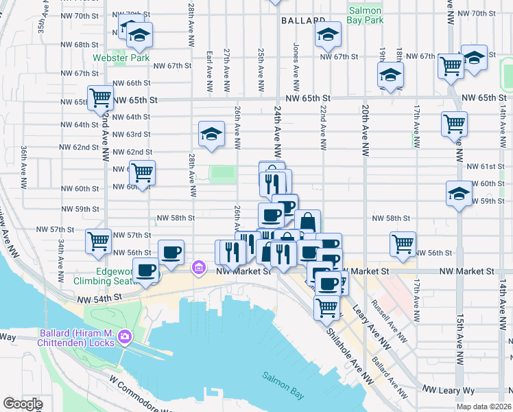 map of restaurants, bars, coffee shops, grocery stores, and more near 2427 Northwest 59th Street in Seattle