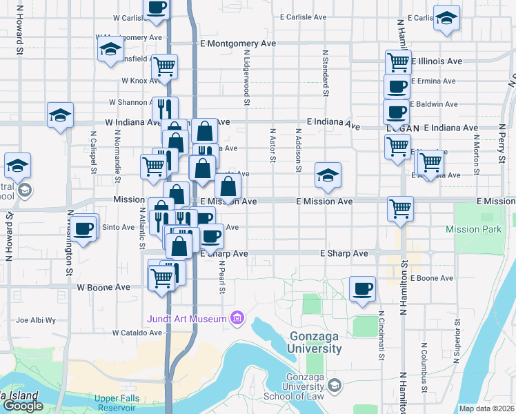map of restaurants, bars, coffee shops, grocery stores, and more near 328 East Mission Avenue in Spokane