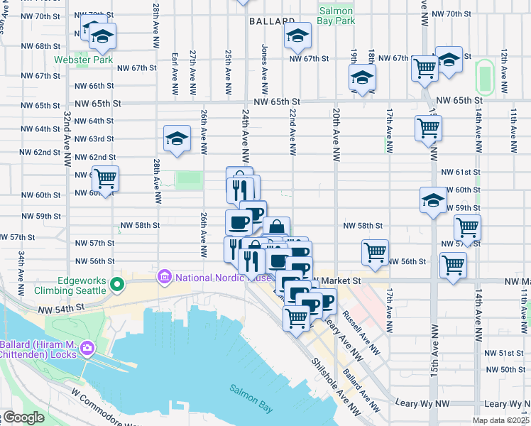 map of restaurants, bars, coffee shops, grocery stores, and more near 2237 Northwest 59th Street in Seattle