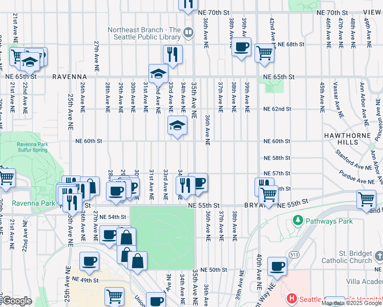 map of restaurants, bars, coffee shops, grocery stores, and more near 5737 35th Avenue Northeast in Seattle