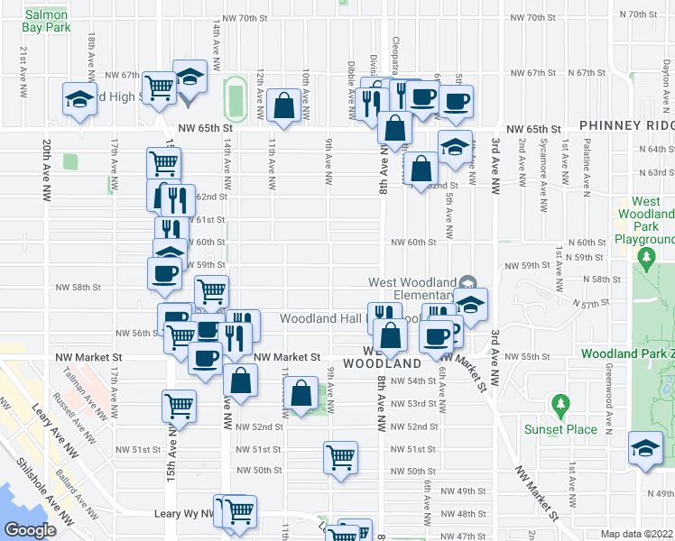 map of restaurants, bars, coffee shops, grocery stores, and more near 5816 9th Avenue Northwest in Seattle
