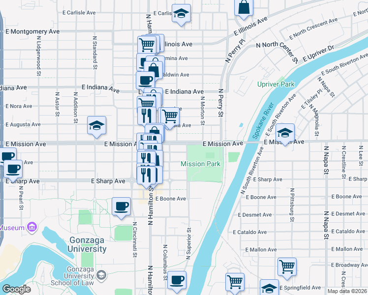 map of restaurants, bars, coffee shops, grocery stores, and more near 1028 East Mission Avenue in Spokane