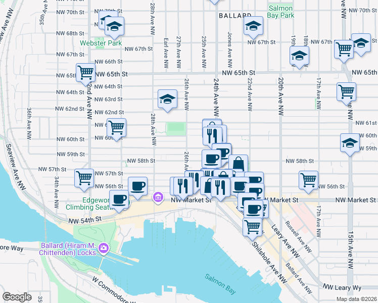 map of restaurants, bars, coffee shops, grocery stores, and more near 2451 Northwest 59th Street in Seattle