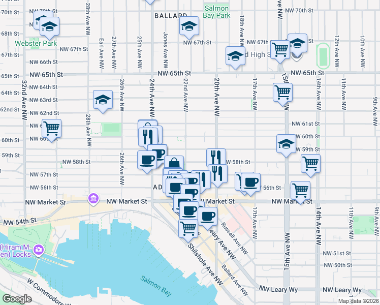 map of restaurants, bars, coffee shops, grocery stores, and more near 5814 22nd Avenue Northwest in Seattle