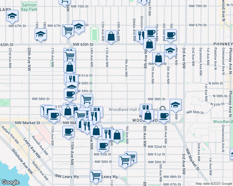 map of restaurants, bars, coffee shops, grocery stores, and more near 933 Northwest 59th Street in Seattle