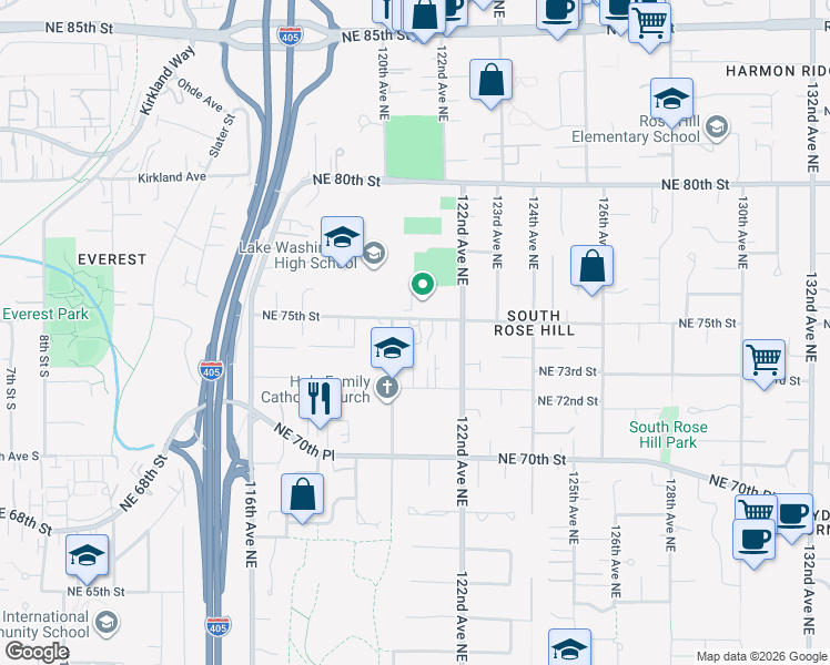 map of restaurants, bars, coffee shops, grocery stores, and more near 12017 Northeast 75th Street in Kirkland