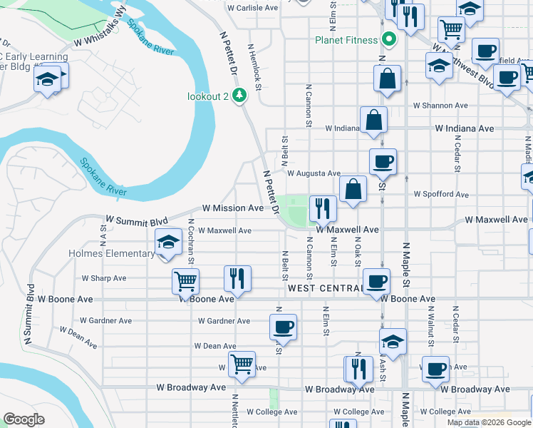 map of restaurants, bars, coffee shops, grocery stores, and more near 2117 W Mission Ave in Spokane