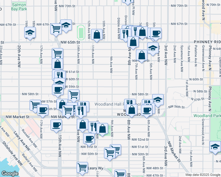 map of restaurants, bars, coffee shops, grocery stores, and more near 901 Northwest 59th Street in Seattle
