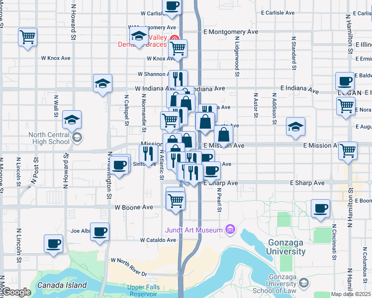 map of restaurants, bars, coffee shops, grocery stores, and more near 1430 North Division Street in Spokane