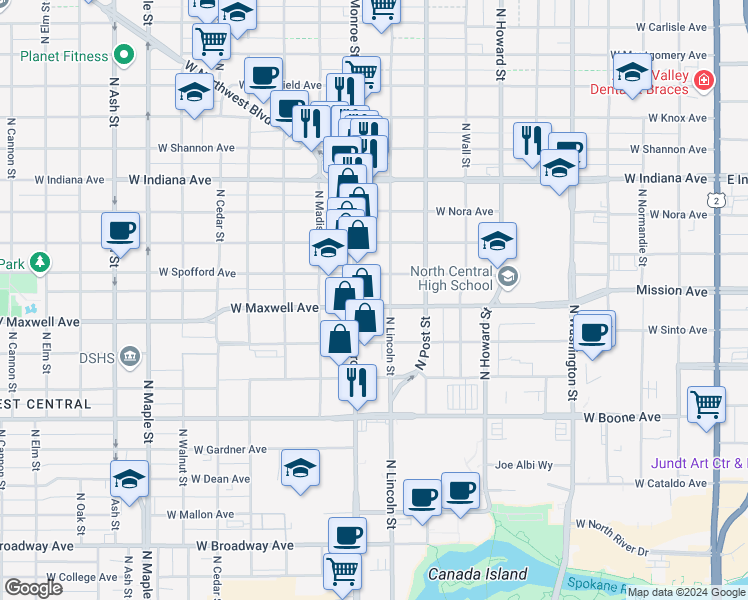 map of restaurants, bars, coffee shops, grocery stores, and more near 914 West Maxwell Avenue in Spokane