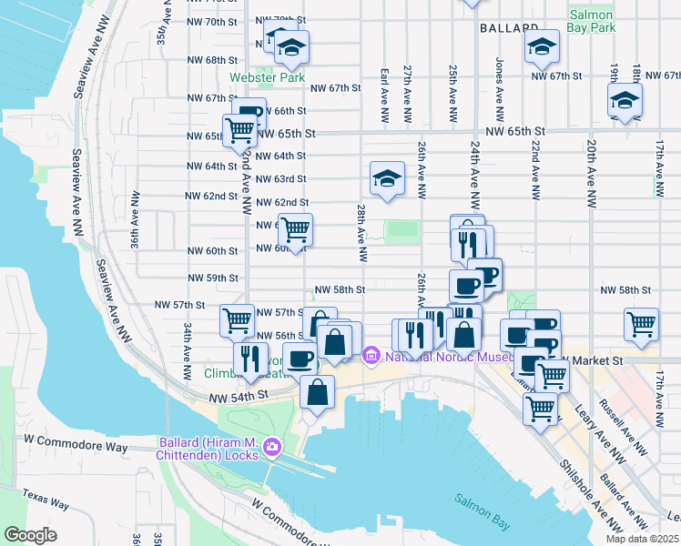map of restaurants, bars, coffee shops, grocery stores, and more near 2825 Northwest 59th Street in Seattle