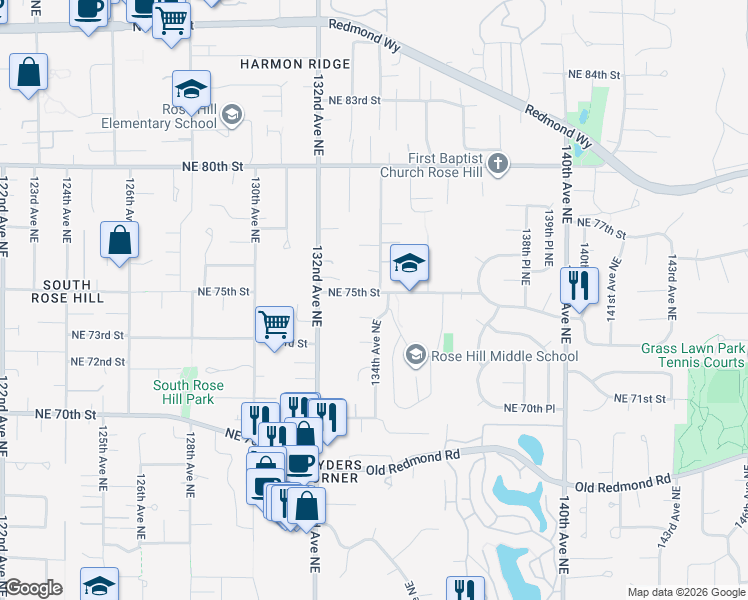 map of restaurants, bars, coffee shops, grocery stores, and more near 13327 Northeast 75th Street in Redmond