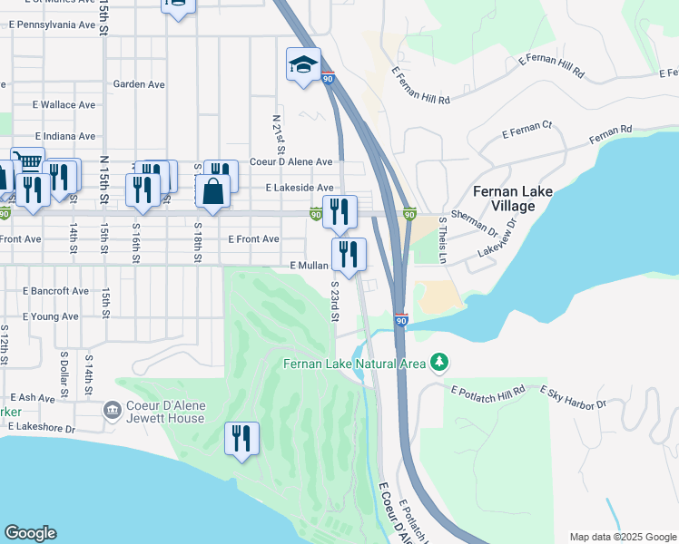 map of restaurants, bars, coffee shops, grocery stores, and more near 2304 East Mullan Avenue in Coeur d'Alene