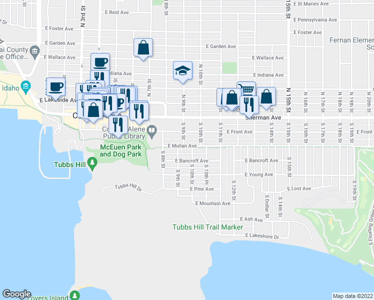 map of restaurants, bars, coffee shops, grocery stores, and more near 922 East Mullan Avenue in Coeur d'Alene