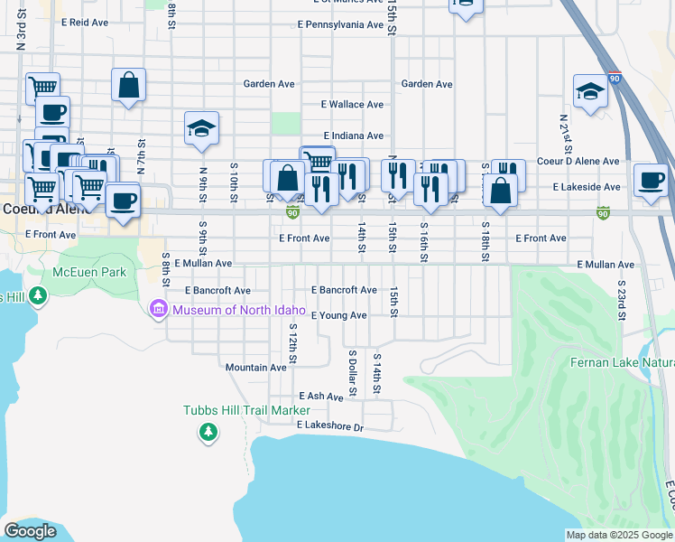 map of restaurants, bars, coffee shops, grocery stores, and more near 1302 East Mullan Avenue in Coeur d'Alene