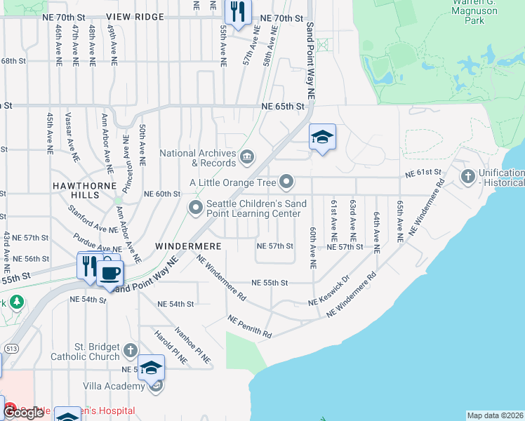 map of restaurants, bars, coffee shops, grocery stores, and more near 5840 57th Avenue Northeast in Seattle