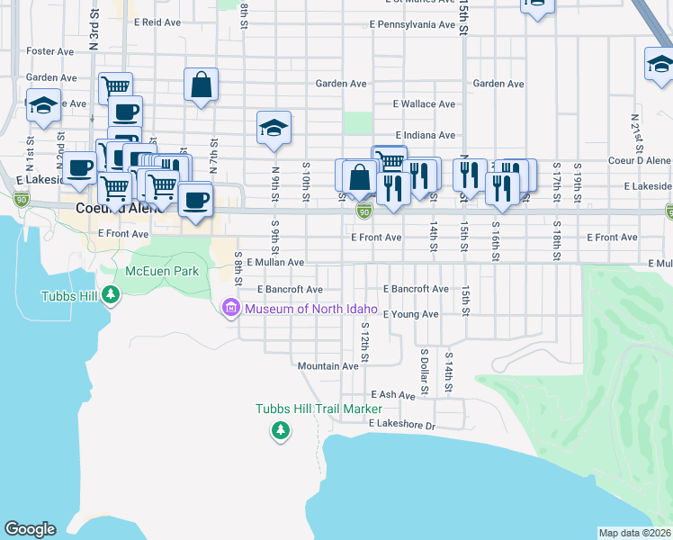 map of restaurants, bars, coffee shops, grocery stores, and more near 304 South 11th Street in Coeur d'Alene