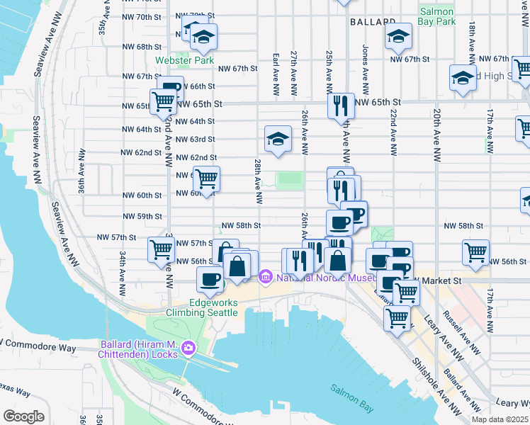 map of restaurants, bars, coffee shops, grocery stores, and more near 2657 Northwest 59th Street in Seattle