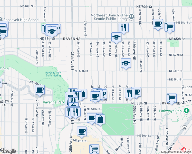 map of restaurants, bars, coffee shops, grocery stores, and more near 5737 29th Avenue Northeast in Seattle