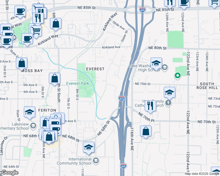 map of restaurants, bars, coffee shops, grocery stores, and more near 517 Slater Street South in Kirkland