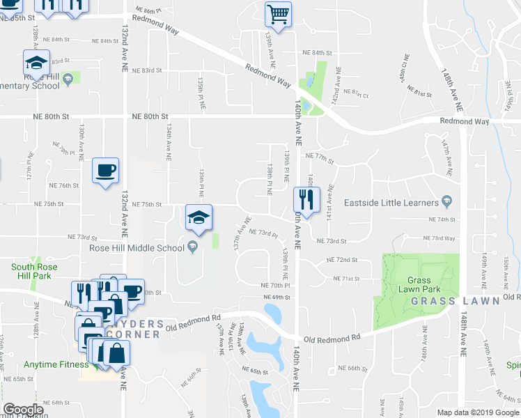 map of restaurants, bars, coffee shops, grocery stores, and more near 13788 Northeast 74th Street in Redmond