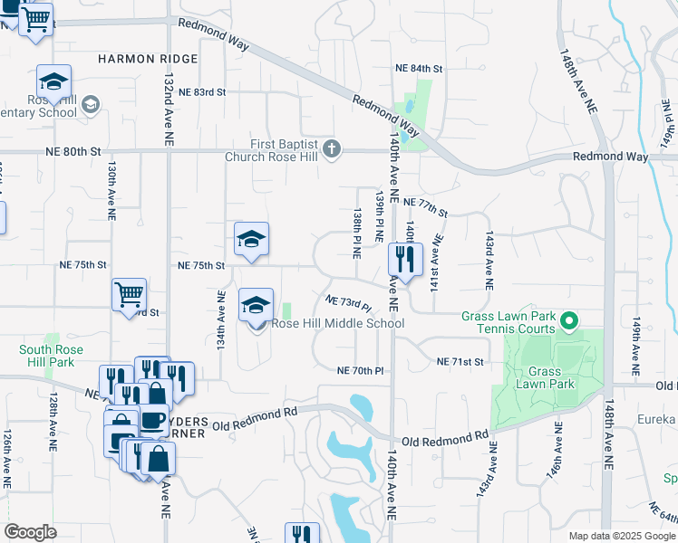 map of restaurants, bars, coffee shops, grocery stores, and more near 13788 Northeast 74th Street in Redmond