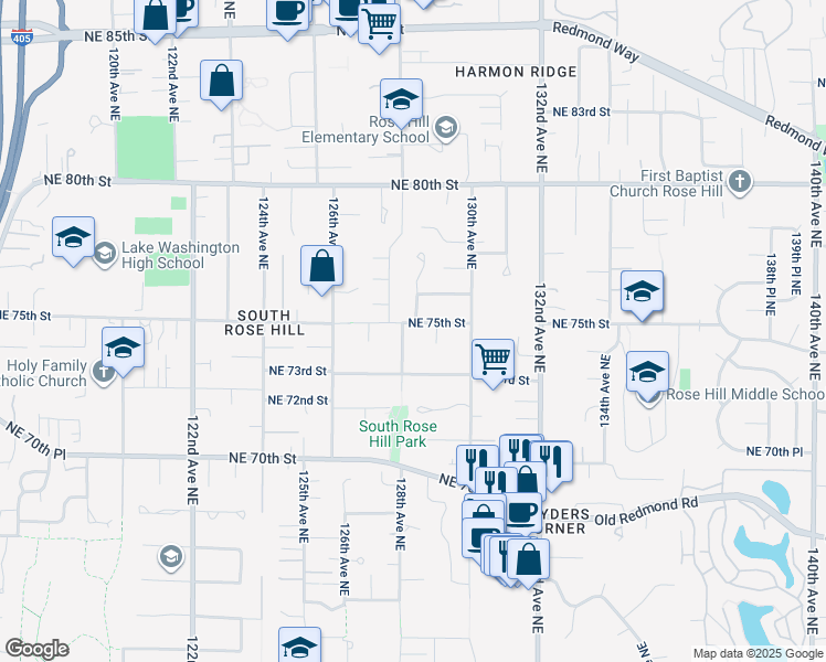 map of restaurants, bars, coffee shops, grocery stores, and more near 12811 Northeast 75th Street in Kirkland