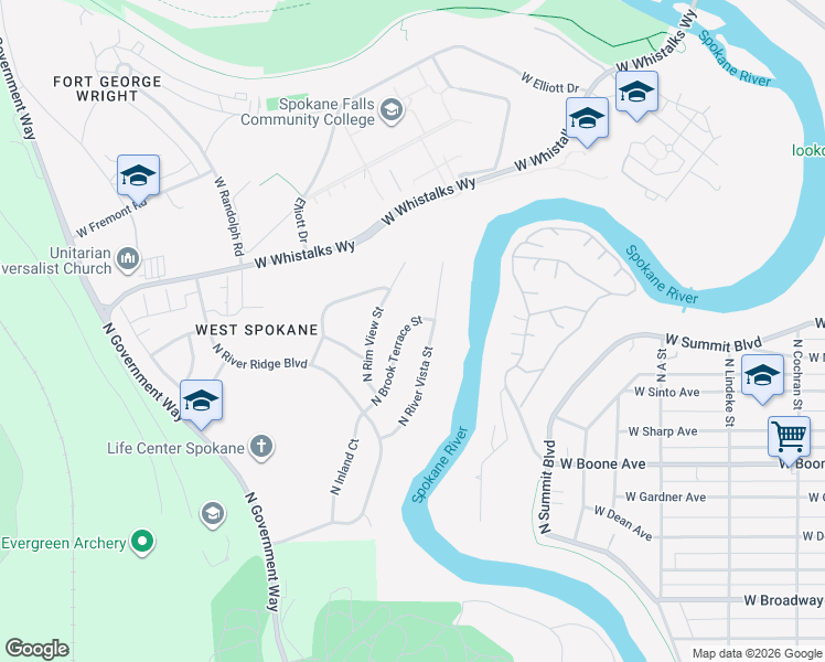 map of restaurants, bars, coffee shops, grocery stores, and more near 1516 North Brook Terrace Street in Spokane