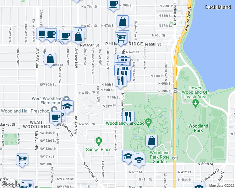 map of restaurants, bars, coffee shops, grocery stores, and more near 5808 Greenwood Avenue North in Seattle