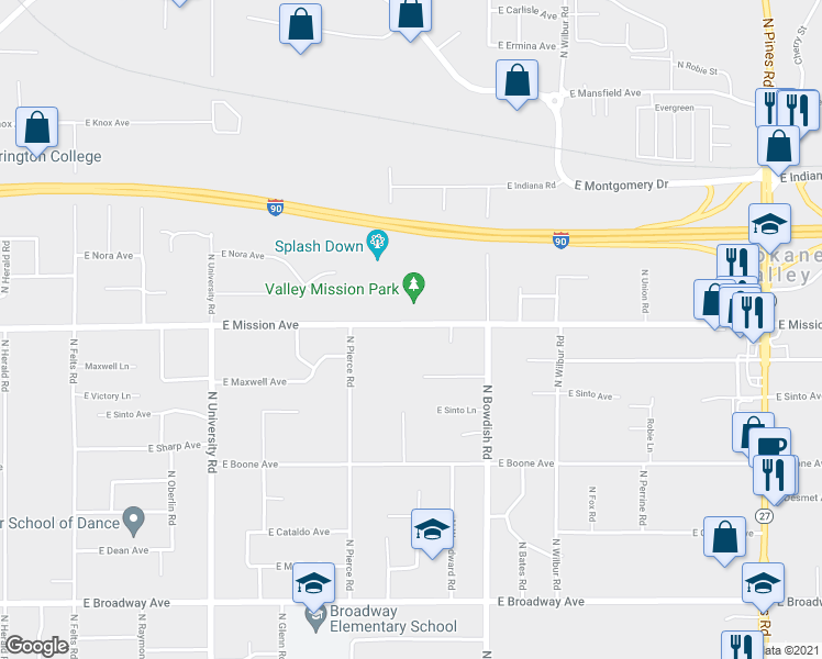 map of restaurants, bars, coffee shops, grocery stores, and more near 11123 East Mission Avenue in Spokane Valley