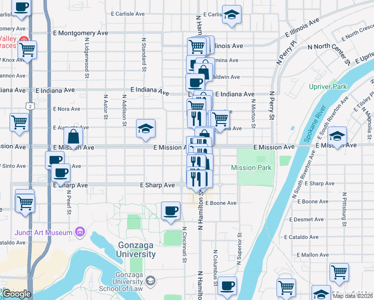 map of restaurants, bars, coffee shops, grocery stores, and more near 814 East Mission Avenue in Spokane