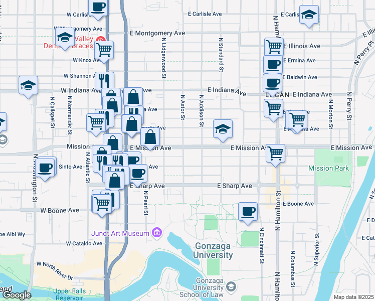 map of restaurants, bars, coffee shops, grocery stores, and more near 328 East Mission Avenue in Spokane