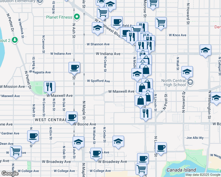 map of restaurants, bars, coffee shops, grocery stores, and more near 1314 West Maxwell Avenue in Spokane