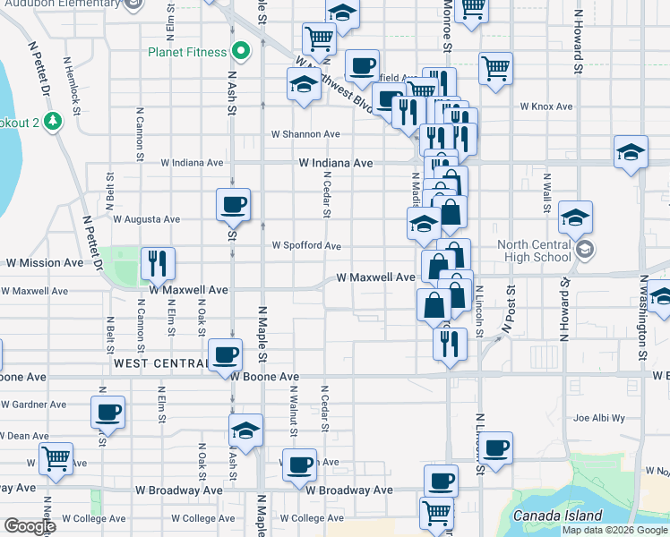 map of restaurants, bars, coffee shops, grocery stores, and more near 1314 West Maxwell Avenue in Spokane